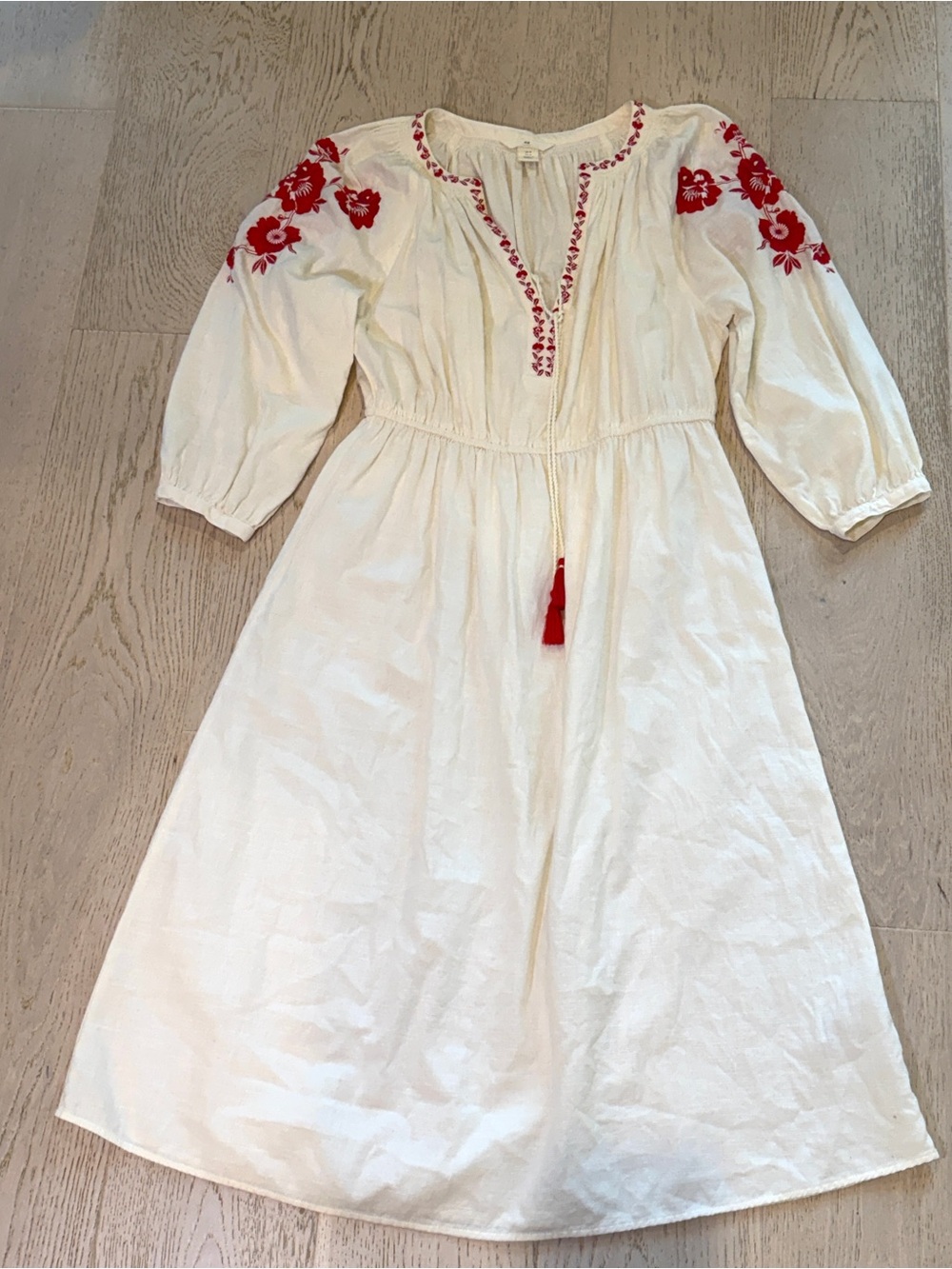 H&M Boho Embroidered Tassel Peasant Midi Dress